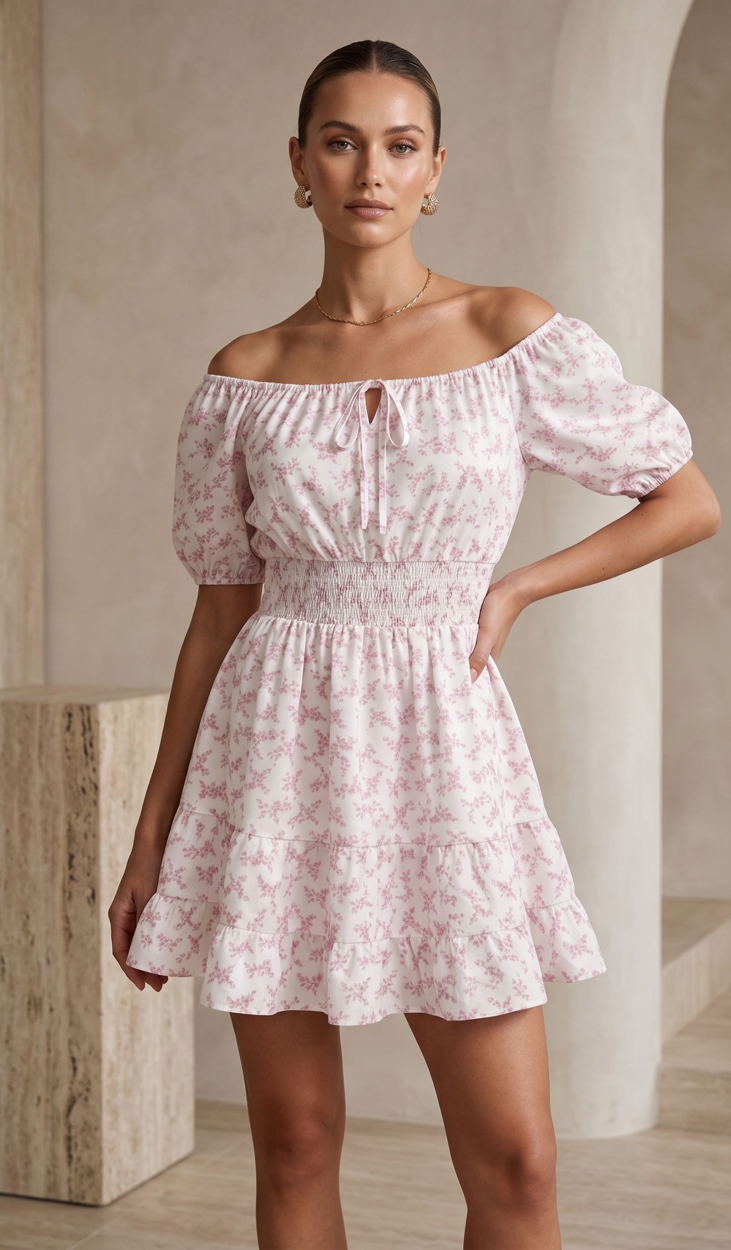 Floral Puff Sleeve Smocked Waist Mini Dress – Vintage Summer Cottage Dress