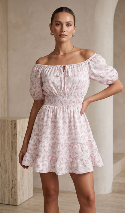 Floral Puff Sleeve Smocked Waist Mini Dress – Vintage Summer Cottage Dress