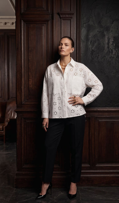 White Eyelet Cotton Shirt – Embroidered Long Sleeve Shirt for Women | Chic India
