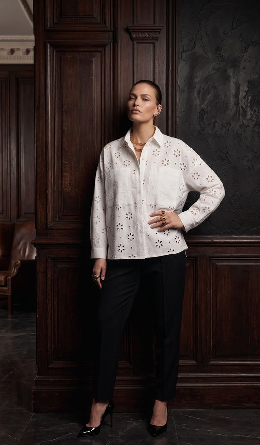 White Eyelet Cotton Shirt – Embroidered Long Sleeve Shirt for Women | Chic India