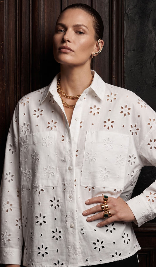 White Eyelet Cotton Shirt – Embroidered Long Sleeve Shirt for Women | Chic India