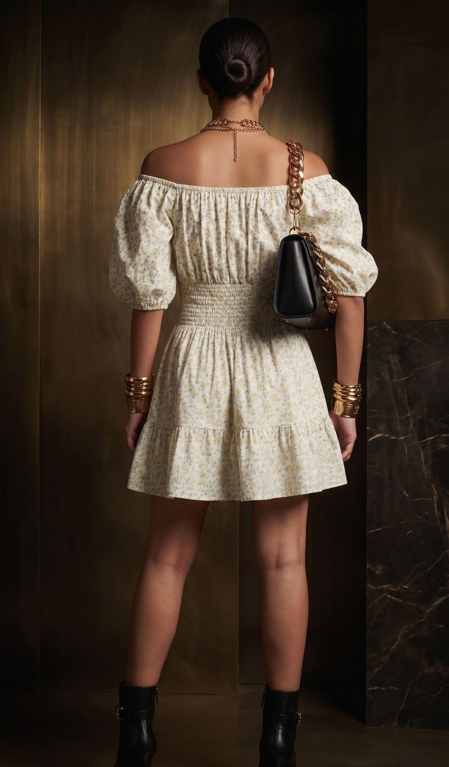 Floral Puff Sleeve Smocked Waist Mini Dress – Vintage Summer Yellow Cottage Dress