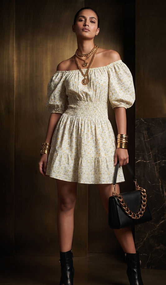 Floral Puff Sleeve Smocked Waist Mini Dress – Vintage Summer Yellow Cottage Dress